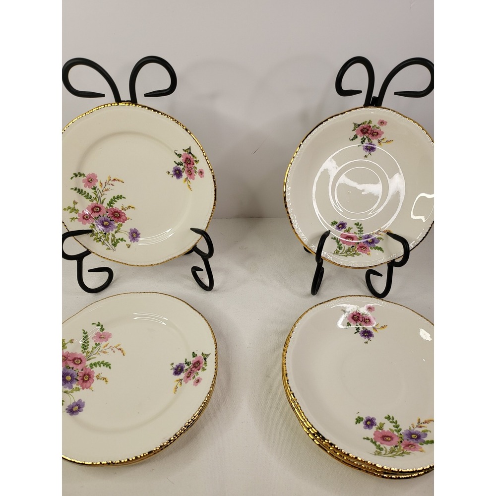 Royal Grafton England Floral Bone China 4 Bread Plates & 5 Saucers Gold Rim Set